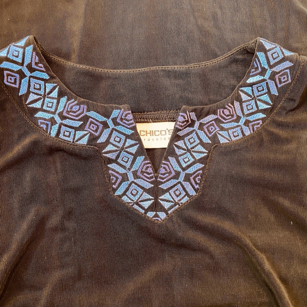 Chico's Tunic Top Blouse Women Tribal Embroidered Blue Black, Size‎ M (1) - Picture 6 of 6